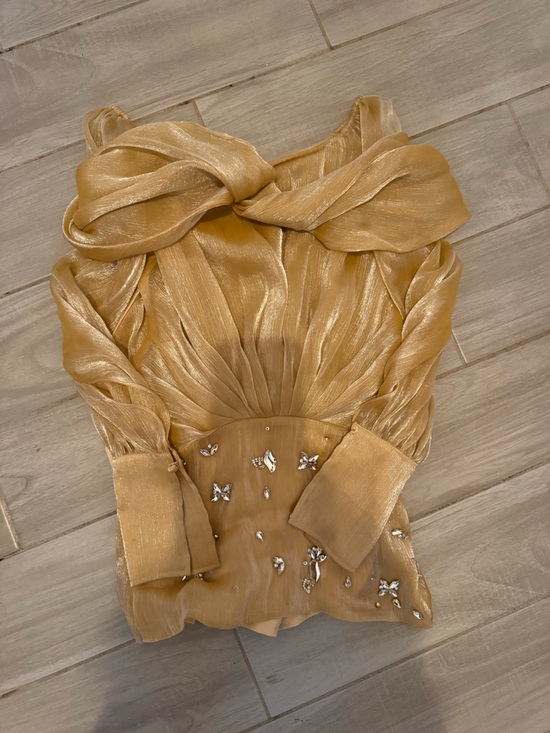 Miss Rosier Dresses & Skirts - Gold Lurex Pleated Women’s Dress with Embellished Waist